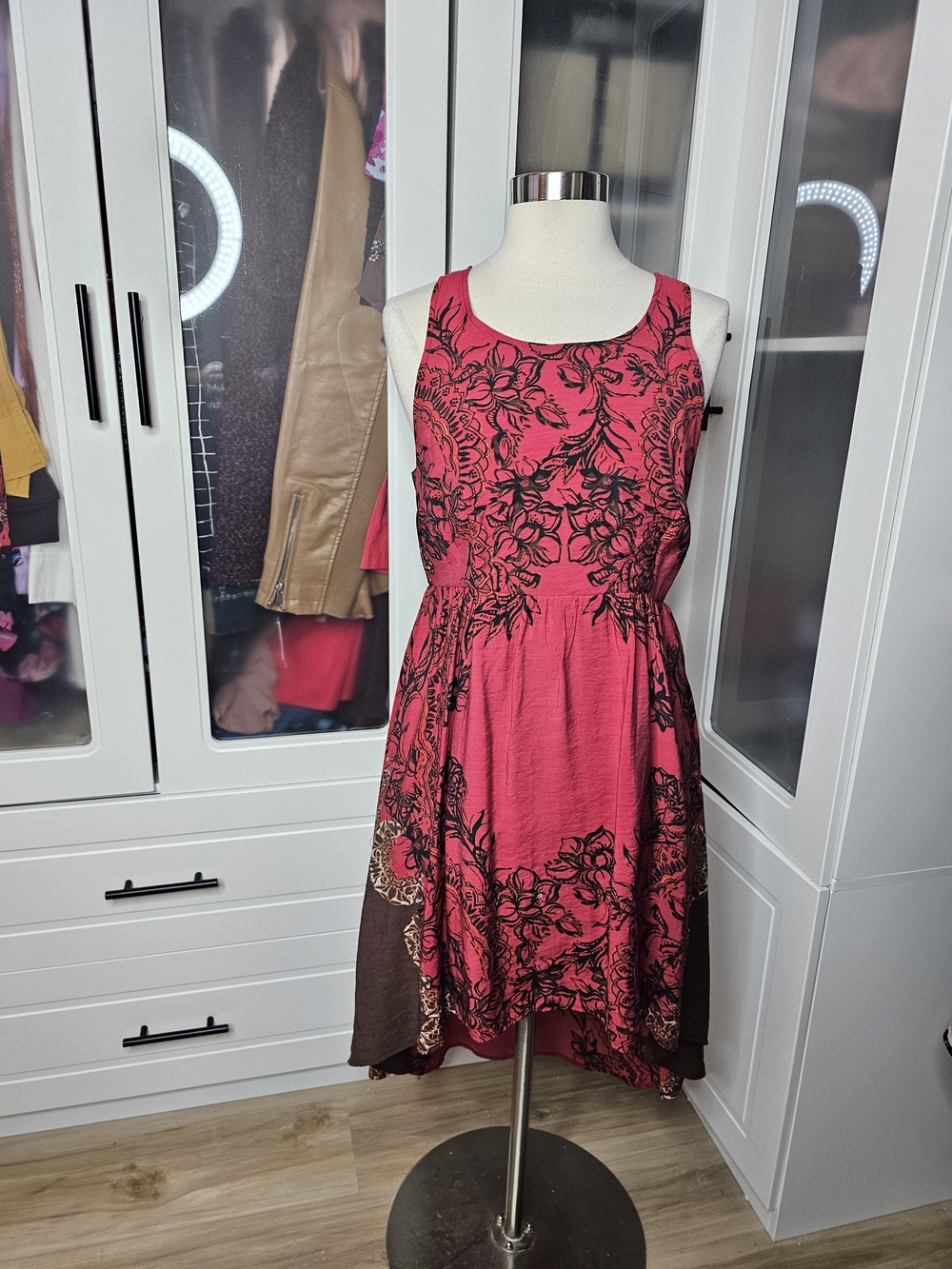 Free People Rose Red and Brown Floral Midi Dress